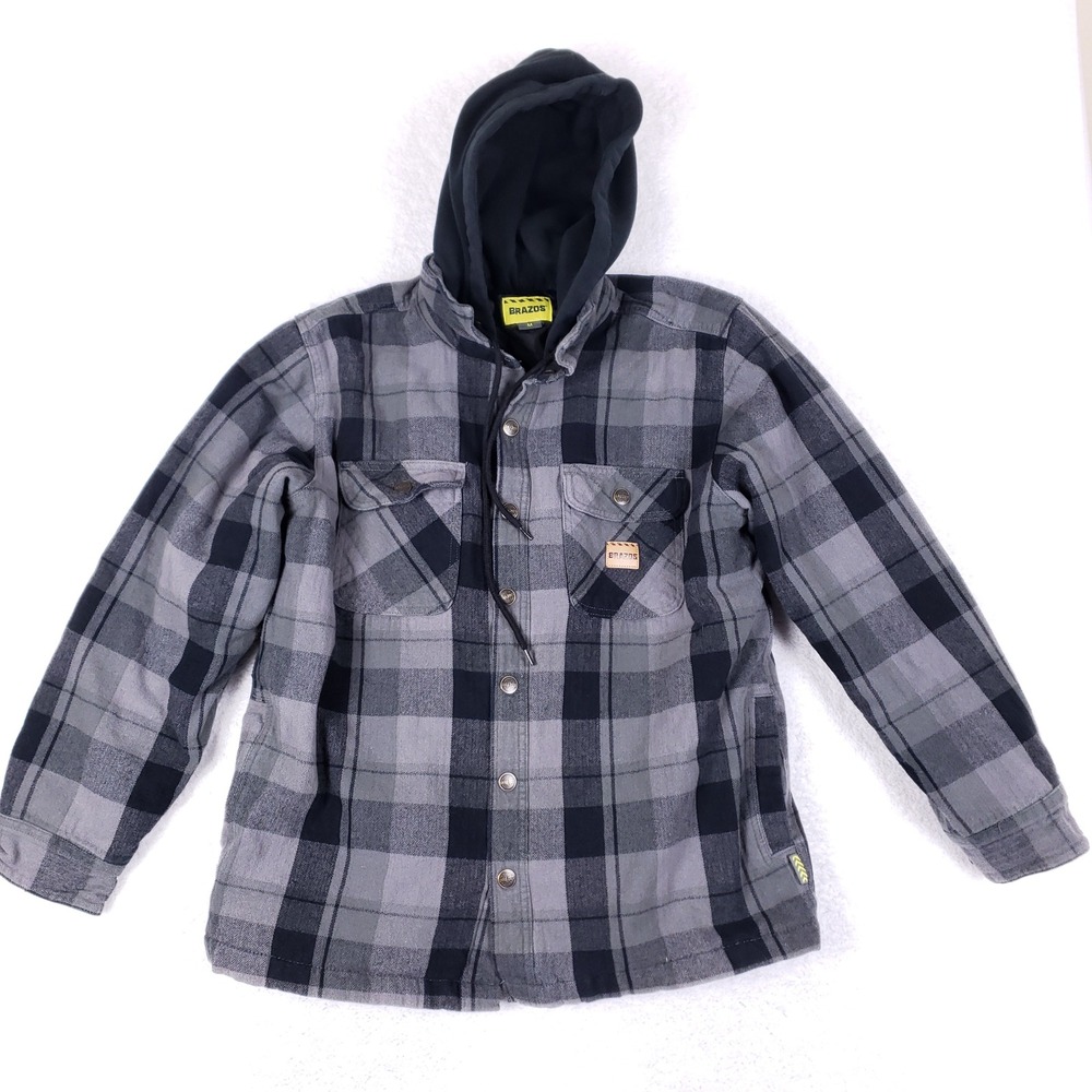 Brazos Hooded Flannel Shirt Jacket Mens Medium Quilted Lined Grey Plaid Workwear